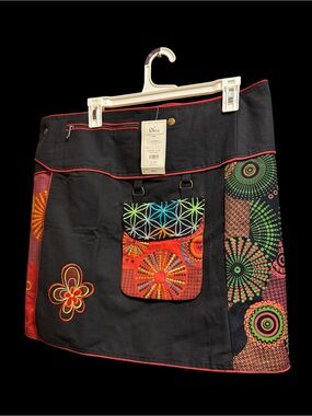 Boho Rhea Black Mini Skirt with Colorful Patchwork Pocket in front